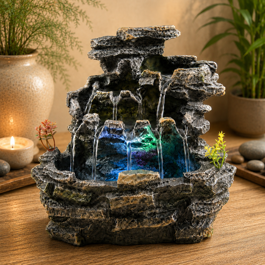 Indoor Tabletop Water Fountain with LED Light, Resin Rock-Look Waterfall Decor, Feng Shui Inspired Zen Fountain for Desk, Office, Bedroom, Living Room & Meditation Space (9" Cascading Rock)