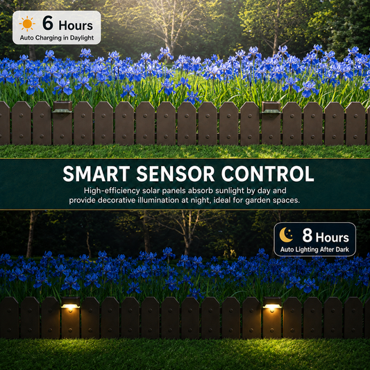 Garden Border Edging: Wooden Grain Fence Dog Ear Design with Solar Lights- Landscaping Fence Liner Lawn Edge Barrier - Decorative Lawn Landscape Panels Elements -Landscaping Edging
