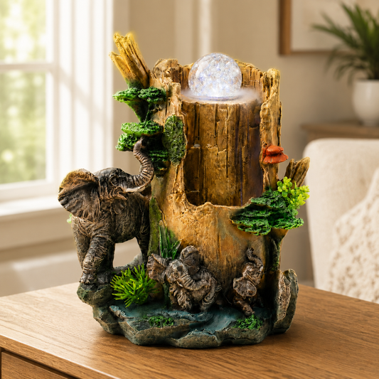 Indoor Tabletop Water Fountain with LED Light & Rolling Crystal Ball, Elephant Desktop Waterfall Fountain, Polyresin Zen Fountain for Office Desk, Living Room, Bedroom, Meditation & Home Decor