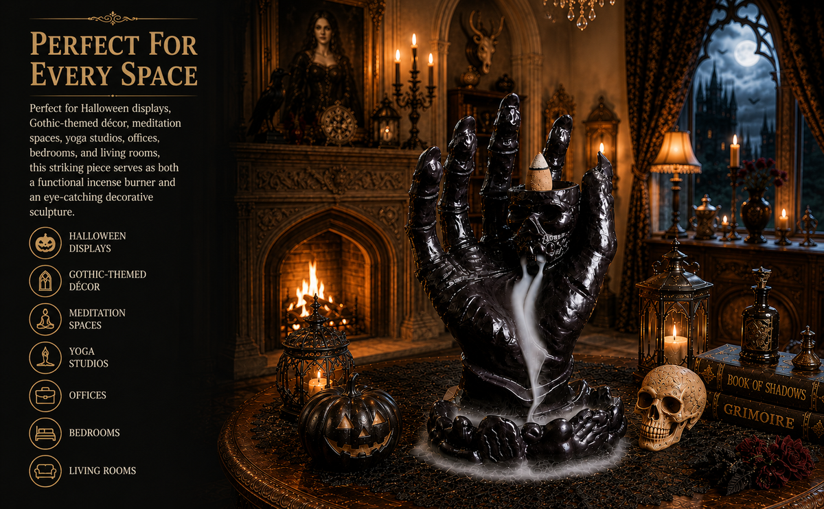 Resin Skull Reaper Backflow Incense Burner, Gothic Skeleton with Creepy Hands & Smoke Waterfall Effect Incense Holder +20 Incense Cones +1 Tweezer/Mat for Aromatherapy & Home Halloween Décor