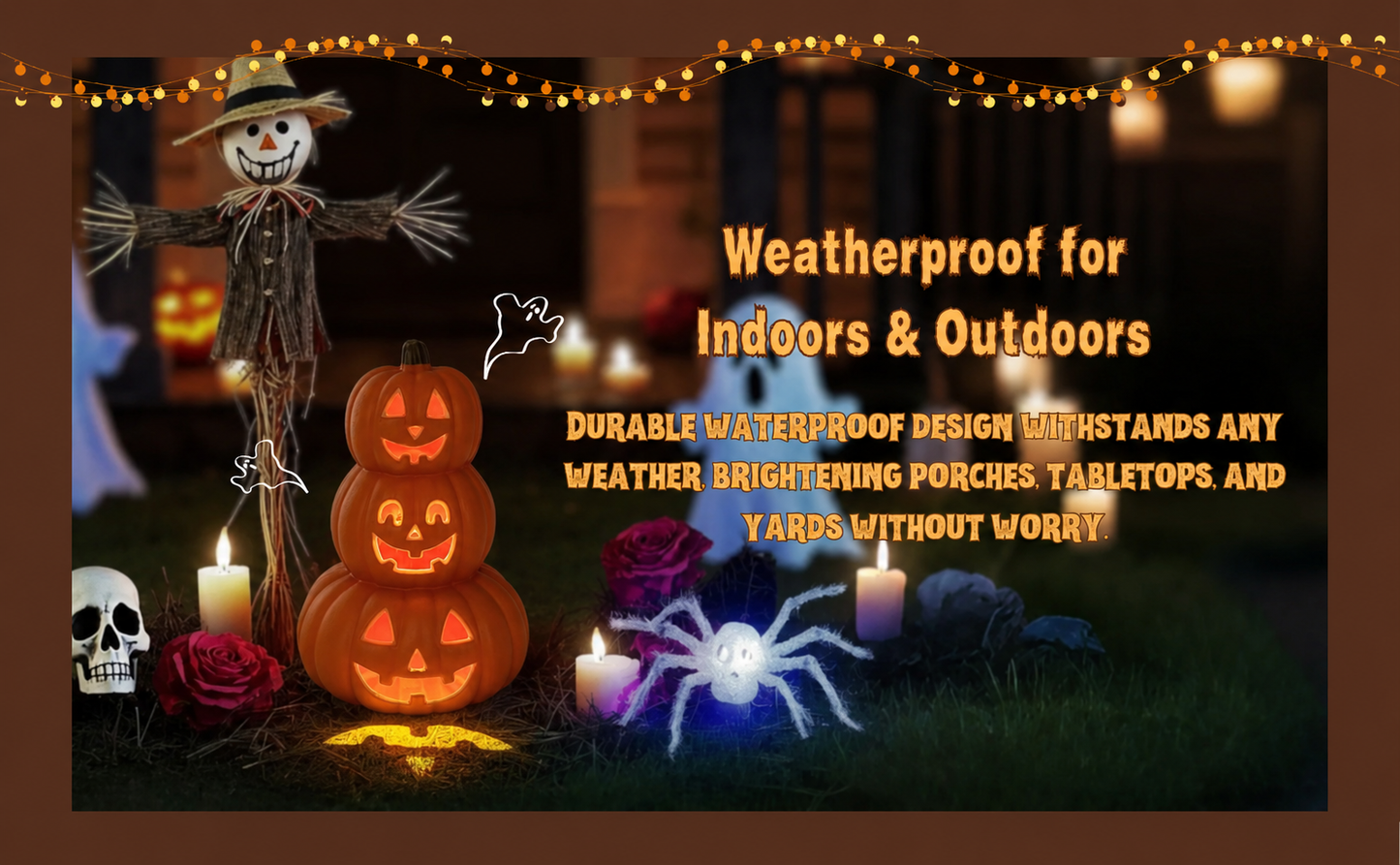 Stacked Jack-O’-Lantern Pumpkin Decoration – 3-Tier Light-Up Halloween Gourd HDPE Plastic – Indoor/Outdoor Fall Decor with Happy Ghost Faces – Cute Pumpkin Tower for Porch Tabletop