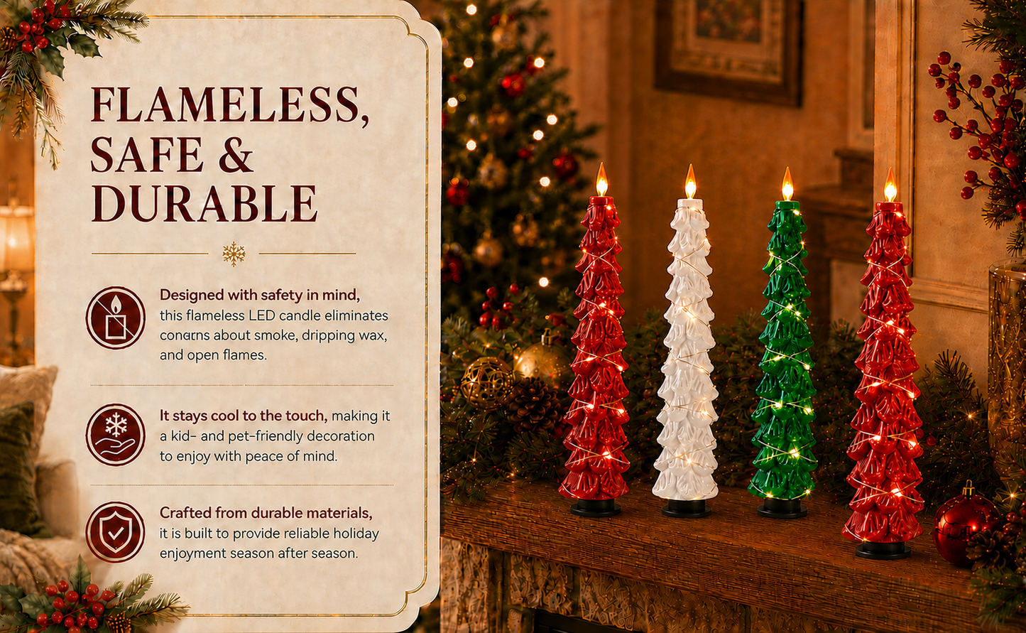 2 Pack EverGlow Christmas Tree LED Flameless Taper Candles, 9.5 Inch Battery Operated Flickering Candles with Remote Timer and Copper String Lights for Christmas Home Décor, Dining Table