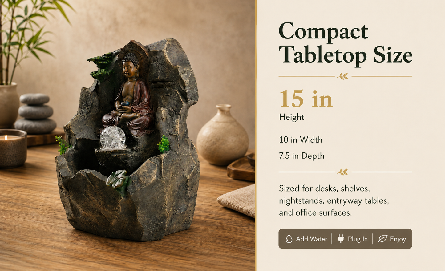 15 Inch Buddha Tabletop Water Fountain with LED Glass Orb, Indoor Resin Waterfall Fountain, Zen Desktop Fountain for Office Desk, Living Room, Bedroom, Meditation Room & Home Decor