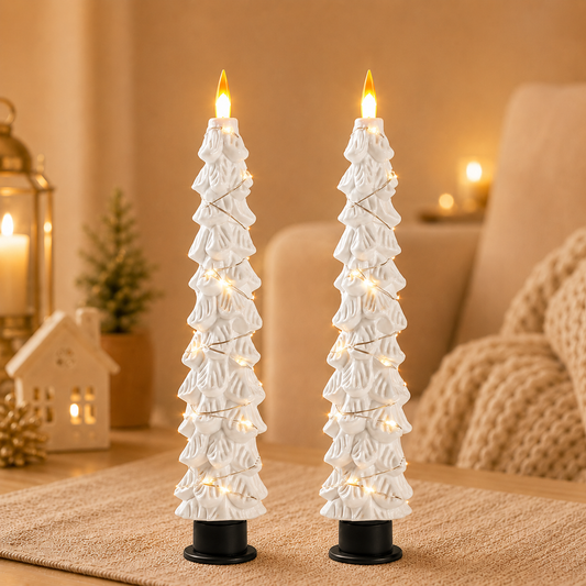 2 Pack EverGlow Christmas Tree LED Flameless Taper Candles, 9.5 Inch Battery Operated Flickering Candles with Remote Timer and Copper String Lights for Christmas Home Décor, Dining Table