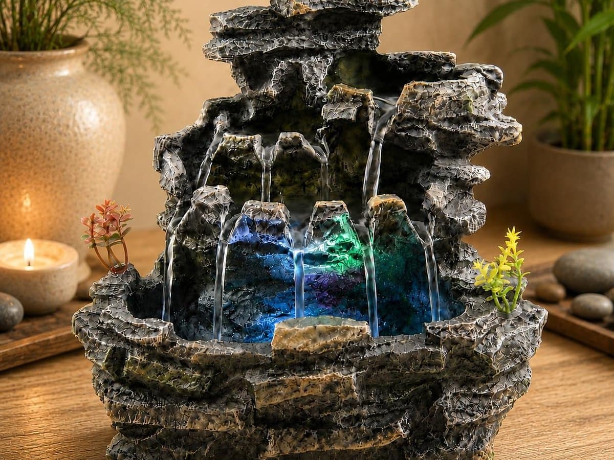 Stone-look tabletop fountain on a sunlit windowsill