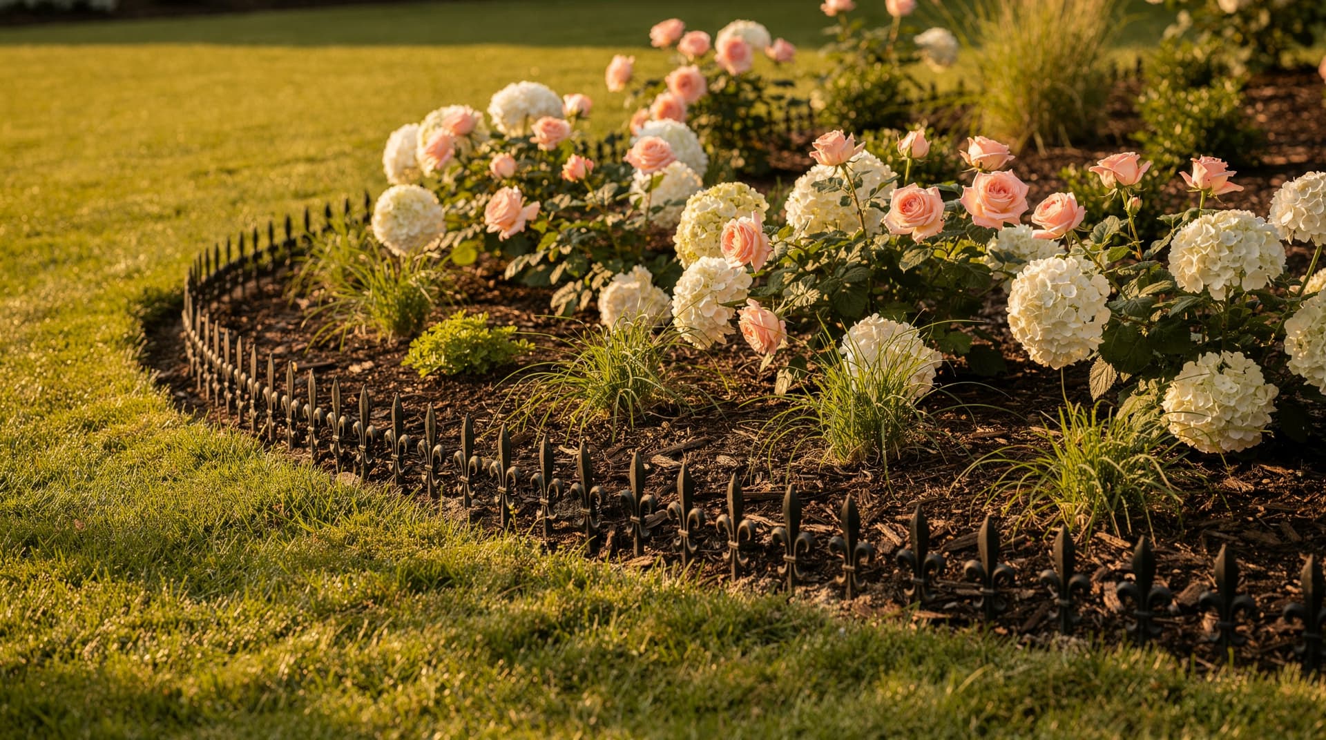 A rose bed held by Evelyne iron-look garden edging in evening light