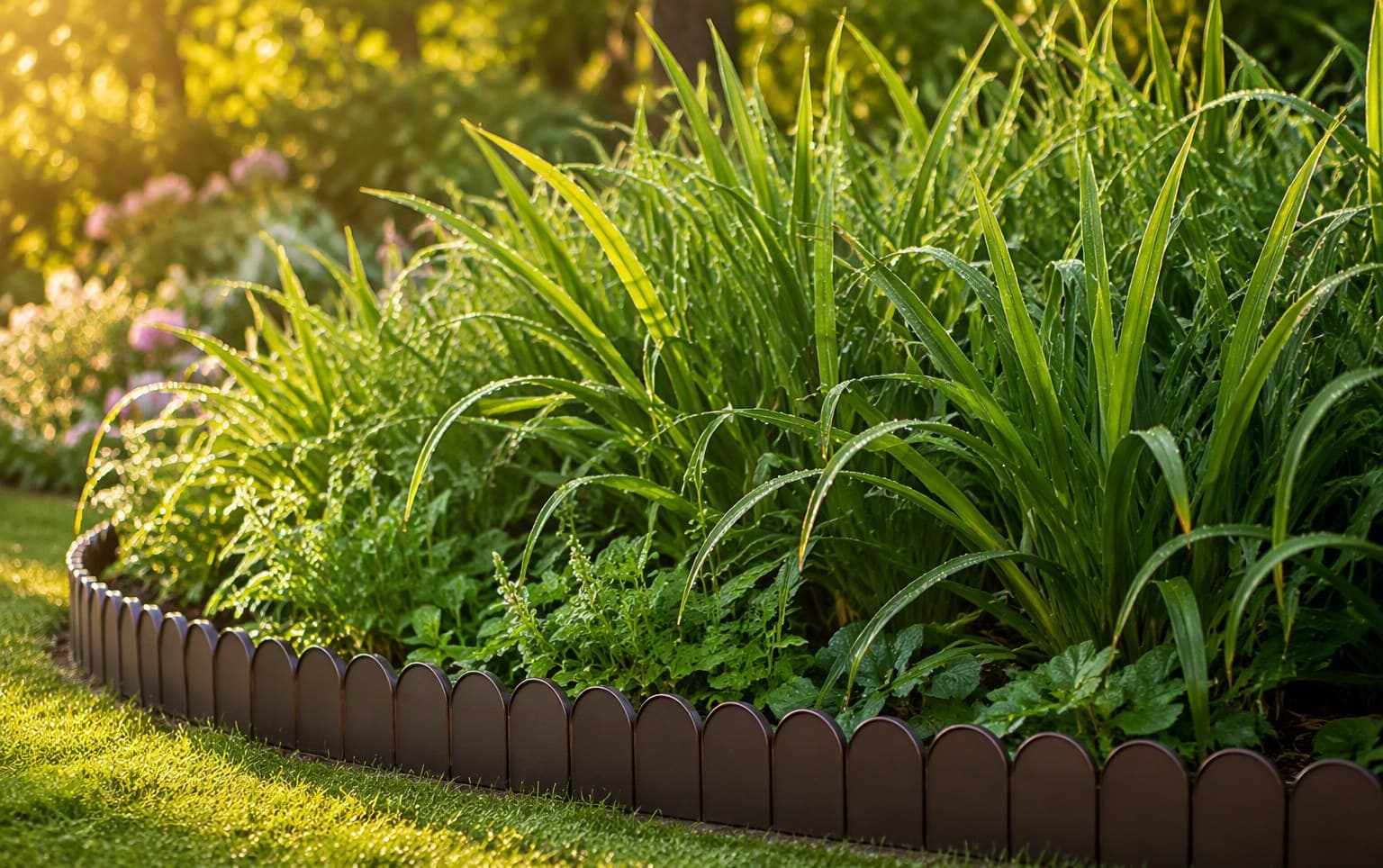 Semi-circular garden fencing edging a fresh bed