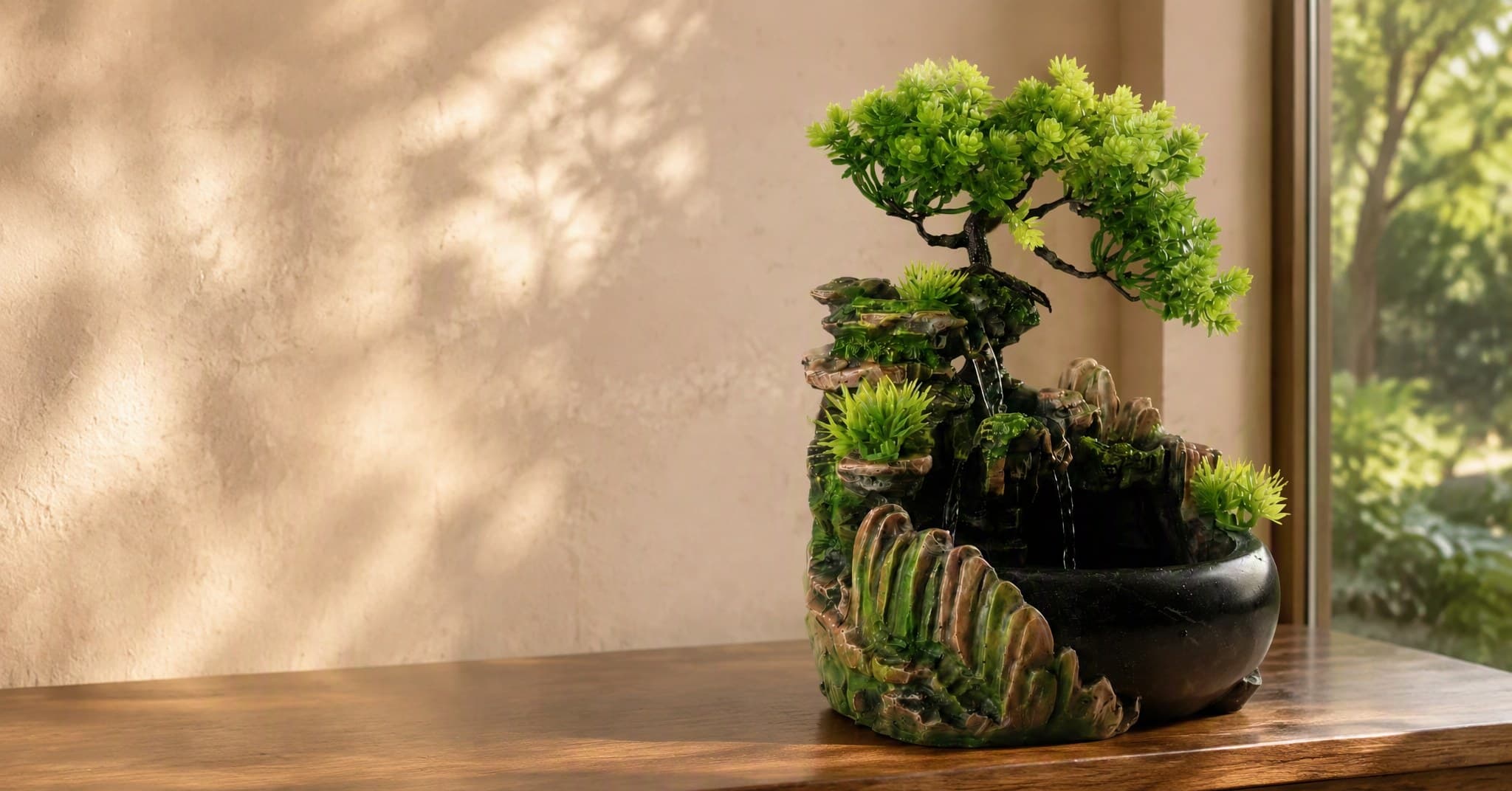 A bonsai tabletop fountain on a sunlit windowsill