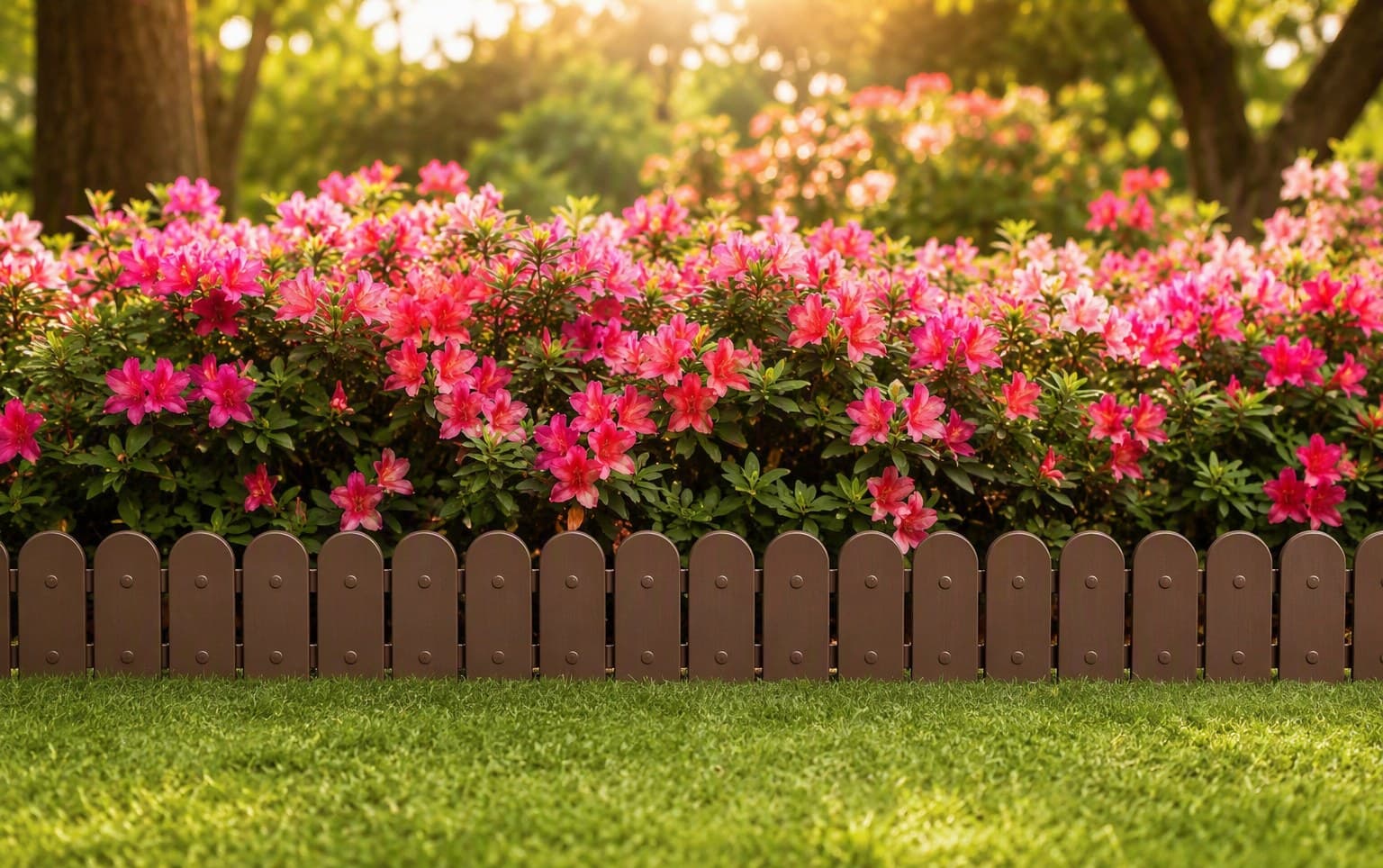 TimberLine wood-grain edging before bright azaleas
