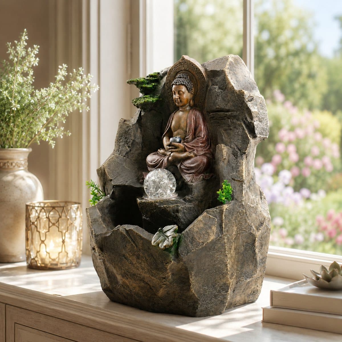 Zen Buddha Grotto Tabletop Fountain — 15 Inch with LED Glass Orb — photo 1
