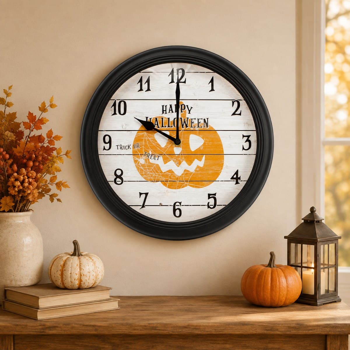 Evelyne Product Image LED Round Wall Clock - 12.5" Happy Halloween Pumpkin Sty