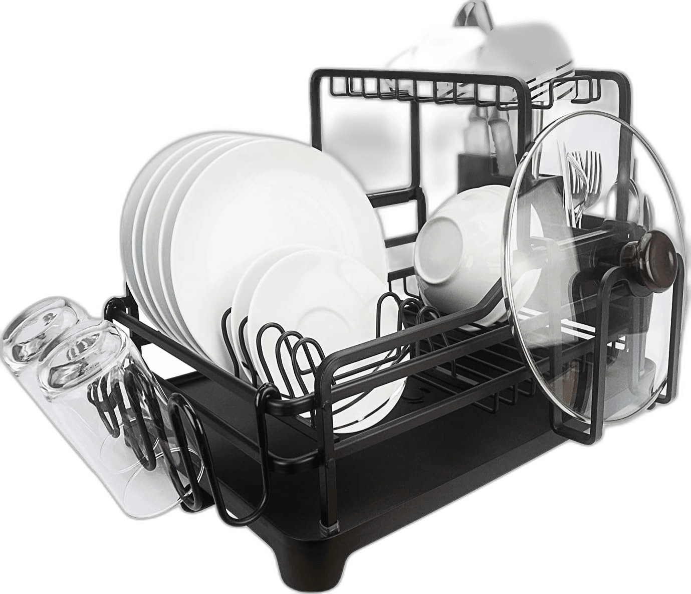 Evelyne GMT-10353-A Black Aluminum Dish Drying Rack with Utensil Holder - 2 T