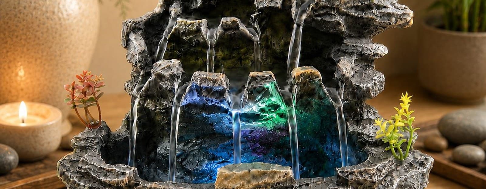 Rock-cascade tabletop fountain with blue LED light on a wooden shelf