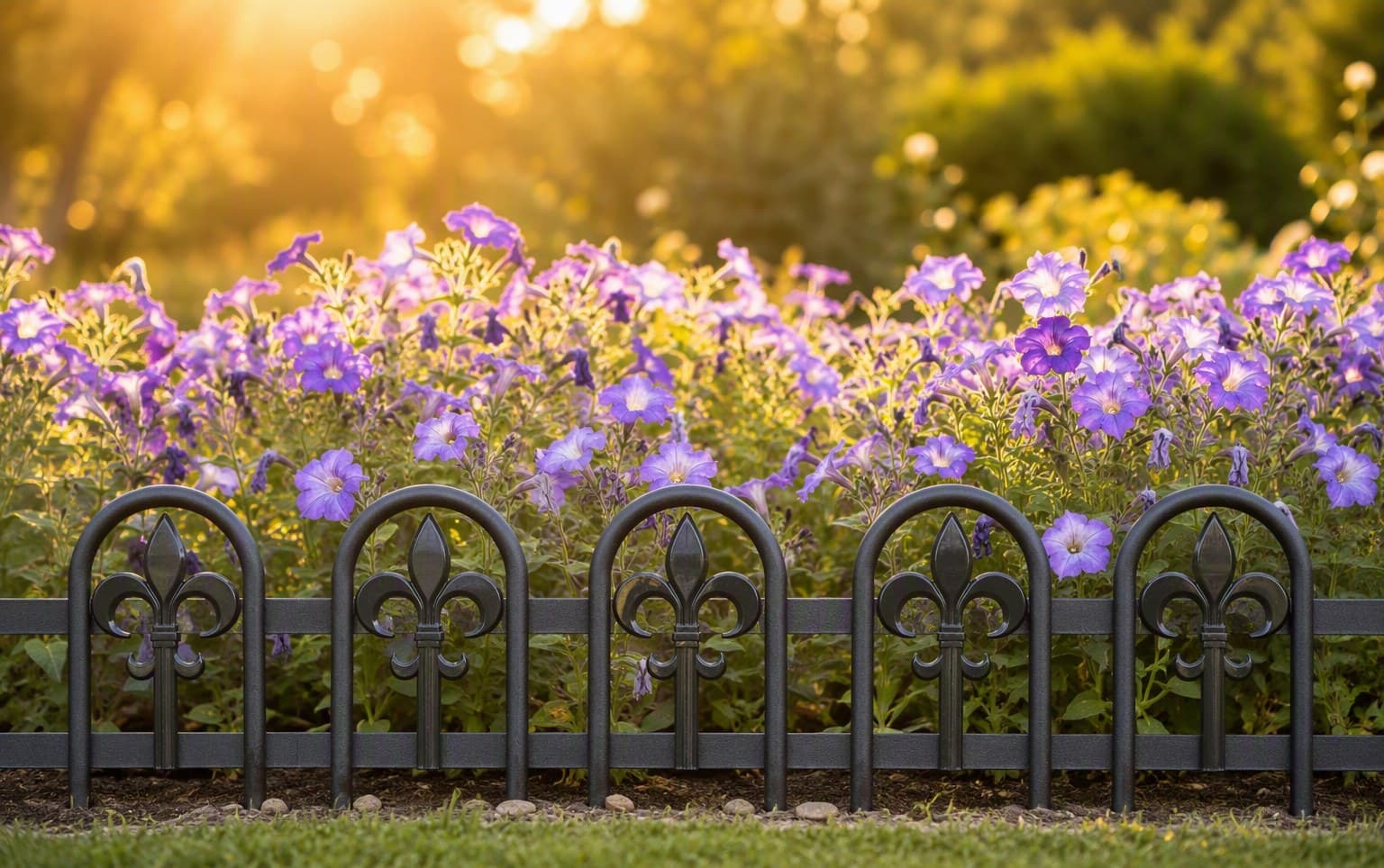 Fleur-de-lis edging before purple petunias
