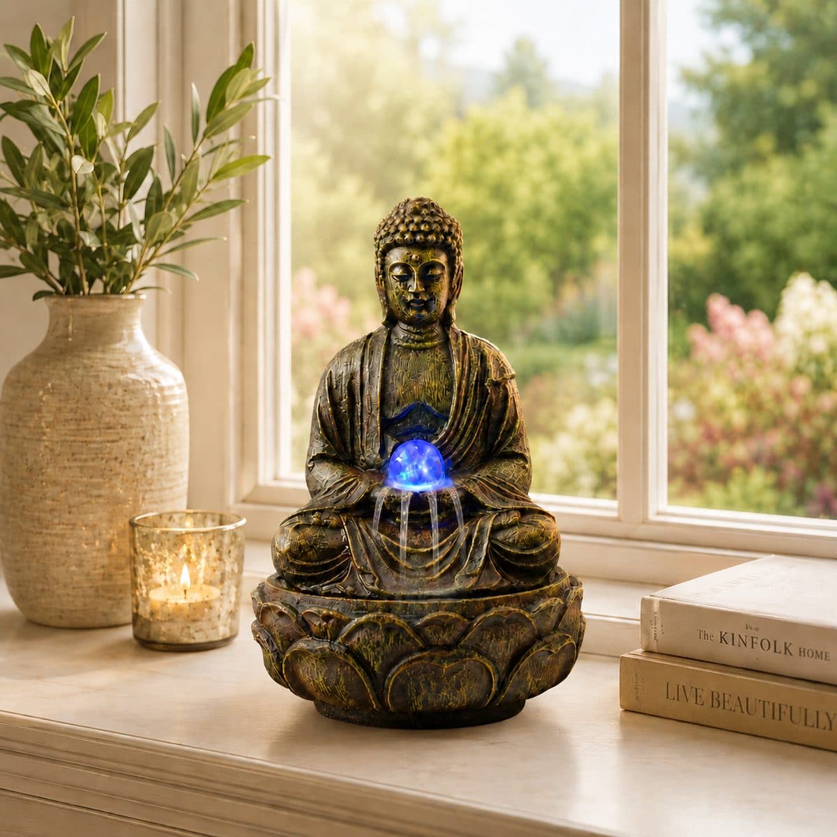 Meditating Buddha Tabletop Fountain with LED Orb — photo 1