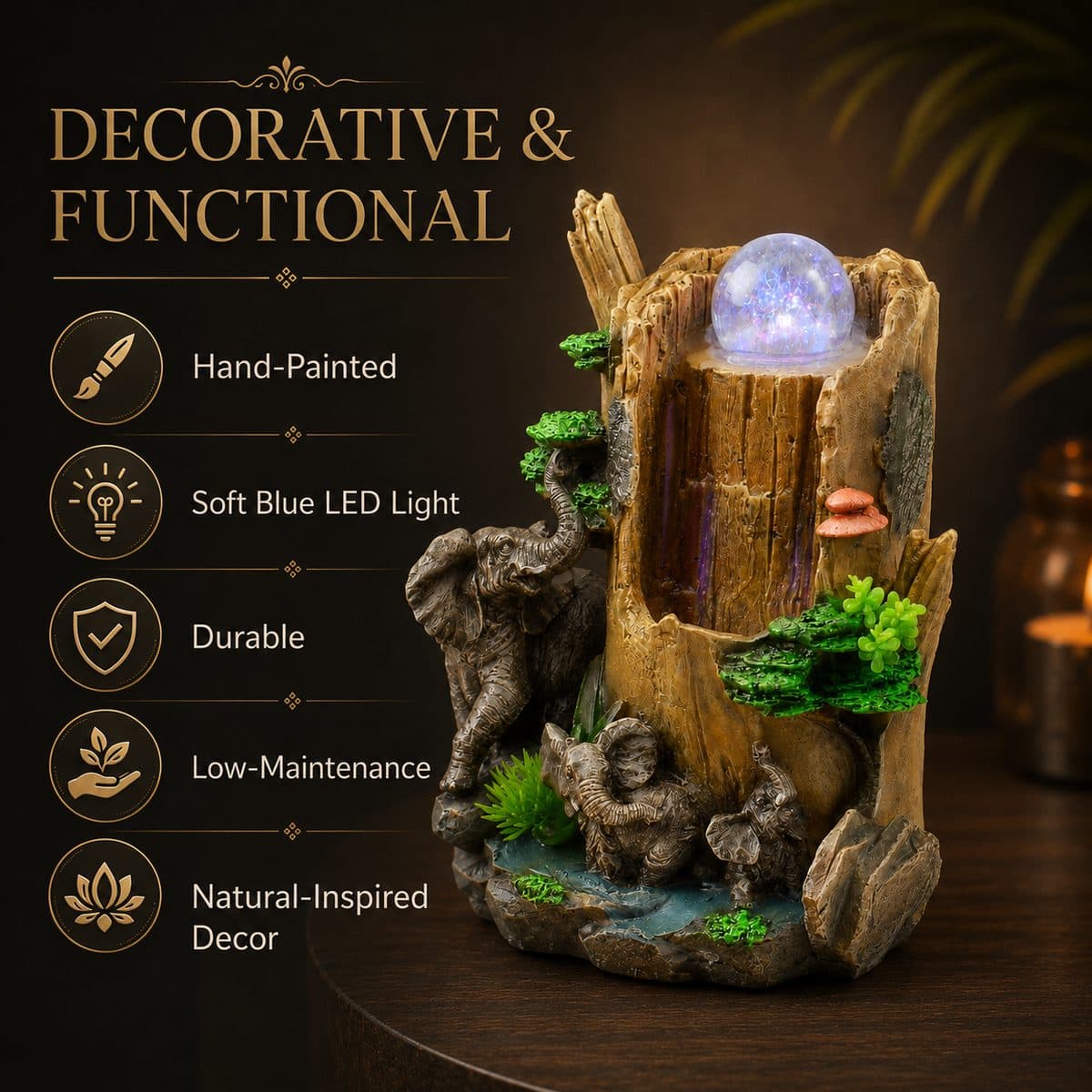 Elephant Family Tree-Stump Fountain with LED Orb — photo 1