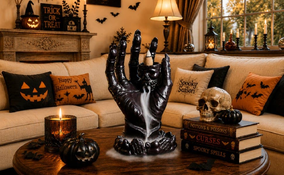 Black Hand Backflow Incense Burner — Gothic Skull Palm — photo