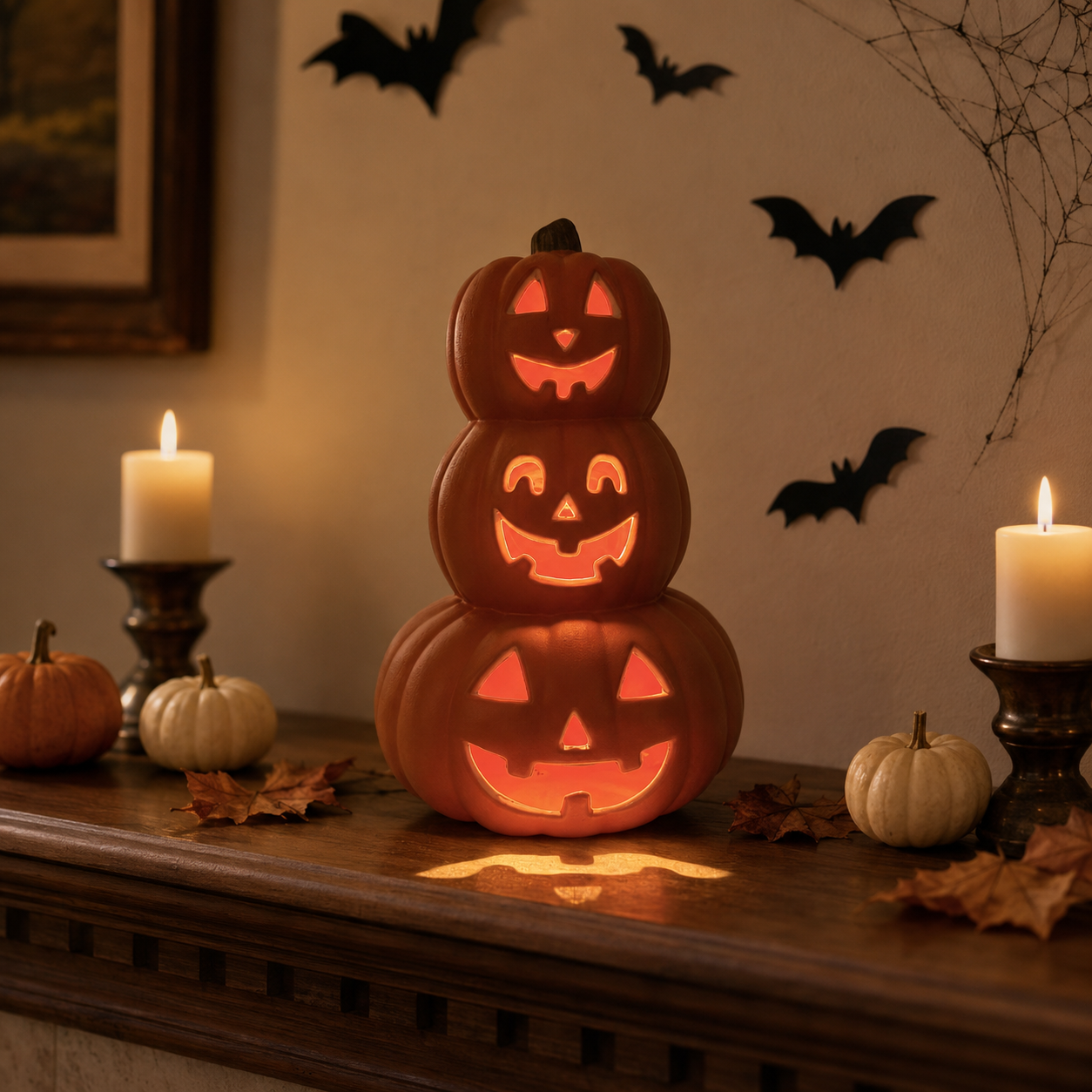 Stacked Jack-O’-Lantern Pumpkin Decoration – 3-Tier Light-Up Halloween Gourd HDPE Plastic – Indoor/Outdoor Fall Decor with Happy Ghost Faces – Cute Pumpkin Tower for Porch Tabletop