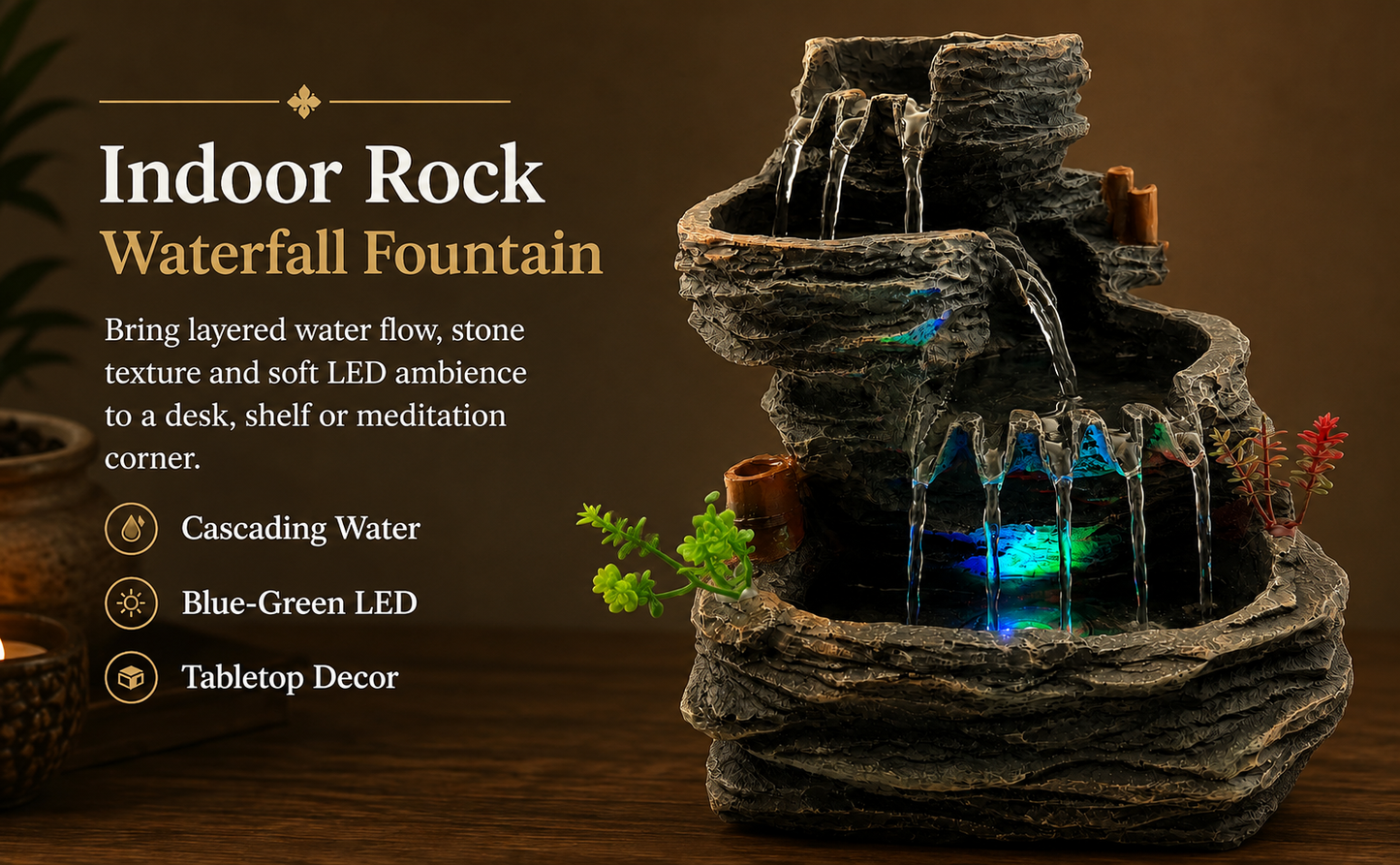 Indoor Tabletop Water Fountain with LED Light, Resin Rock-Look Waterfall Decor, Feng Shui Inspired Zen Fountain for Desk, Office, Bedroom, Living Room & Meditation Space (9.25" Cascading Rock)