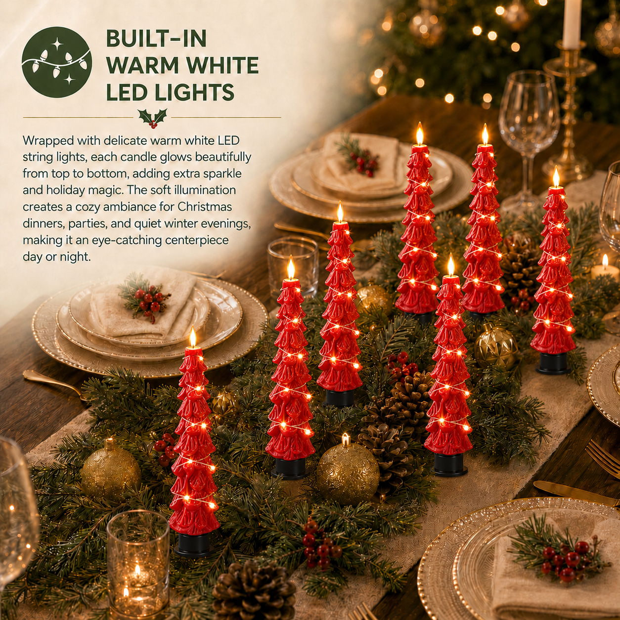 2 Pack EverGlow Christmas Tree LED Flameless Taper Candles, 9.5 Inch Battery Operated Flickering Candles with Remote Timer and Copper String Lights for Christmas Home Décor, Dining Table