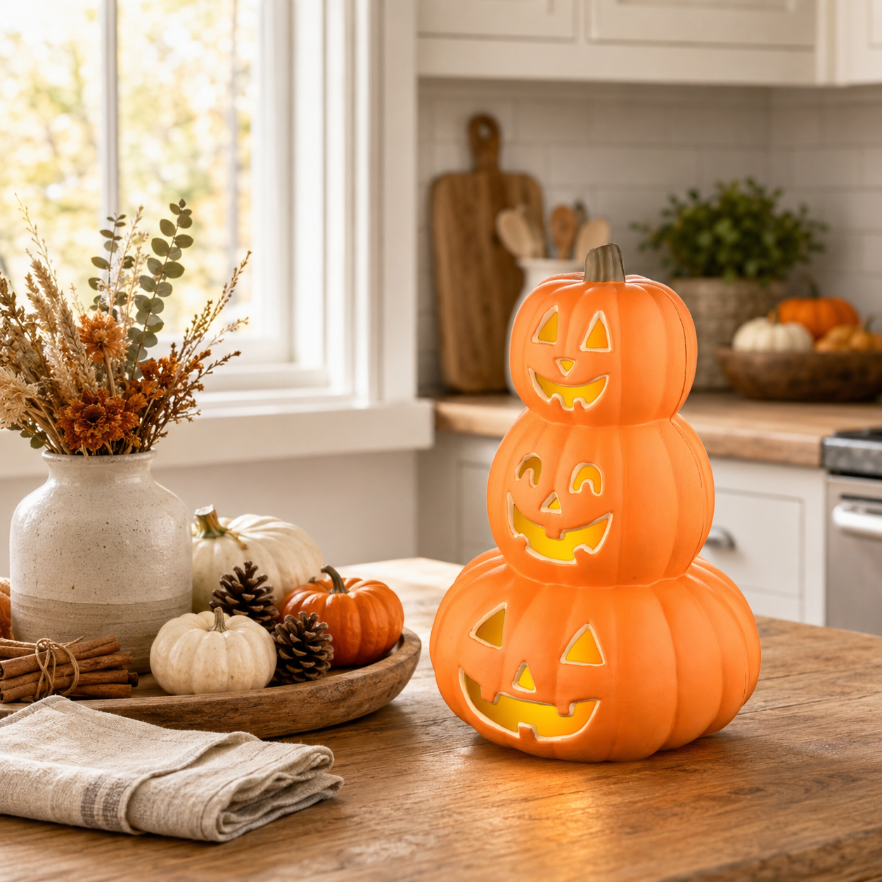 Stacked Jack-O’-Lantern Pumpkin Decoration – 3-Tier Light-Up Halloween Gourd HDPE Plastic – Indoor/Outdoor Fall Decor with Happy Ghost Faces – Cute Pumpkin Tower for Porch Tabletop