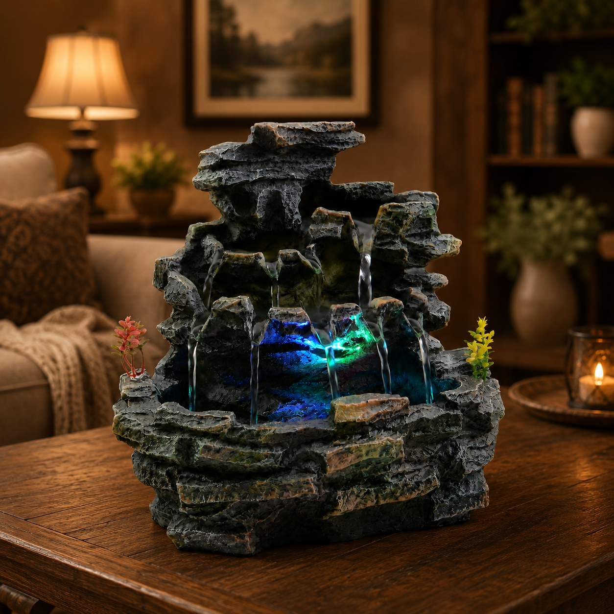 Indoor Tabletop Water Fountain with LED Light, Resin Rock-Look Waterfall Decor, Feng Shui Inspired Zen Fountain for Desk, Office, Bedroom, Living Room & Meditation Space (9" Cascading Rock)
