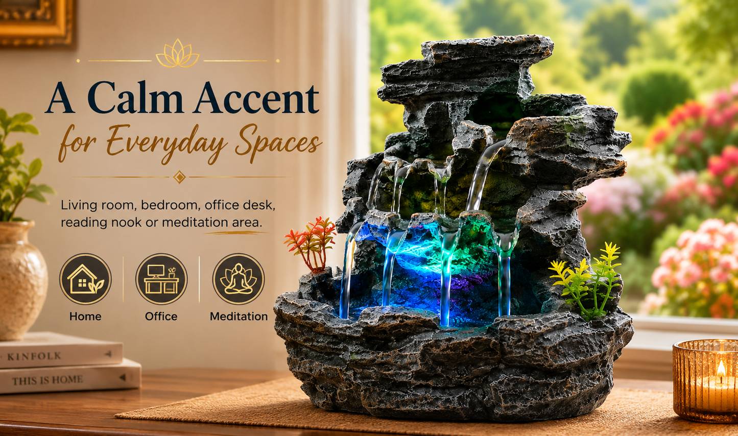Indoor Tabletop Water Fountain with LED Light, Resin Rock-Look Waterfall Decor, Feng Shui Inspired Zen Fountain for Desk, Office, Bedroom, Living Room & Meditation Space (9" Cascading Rock)