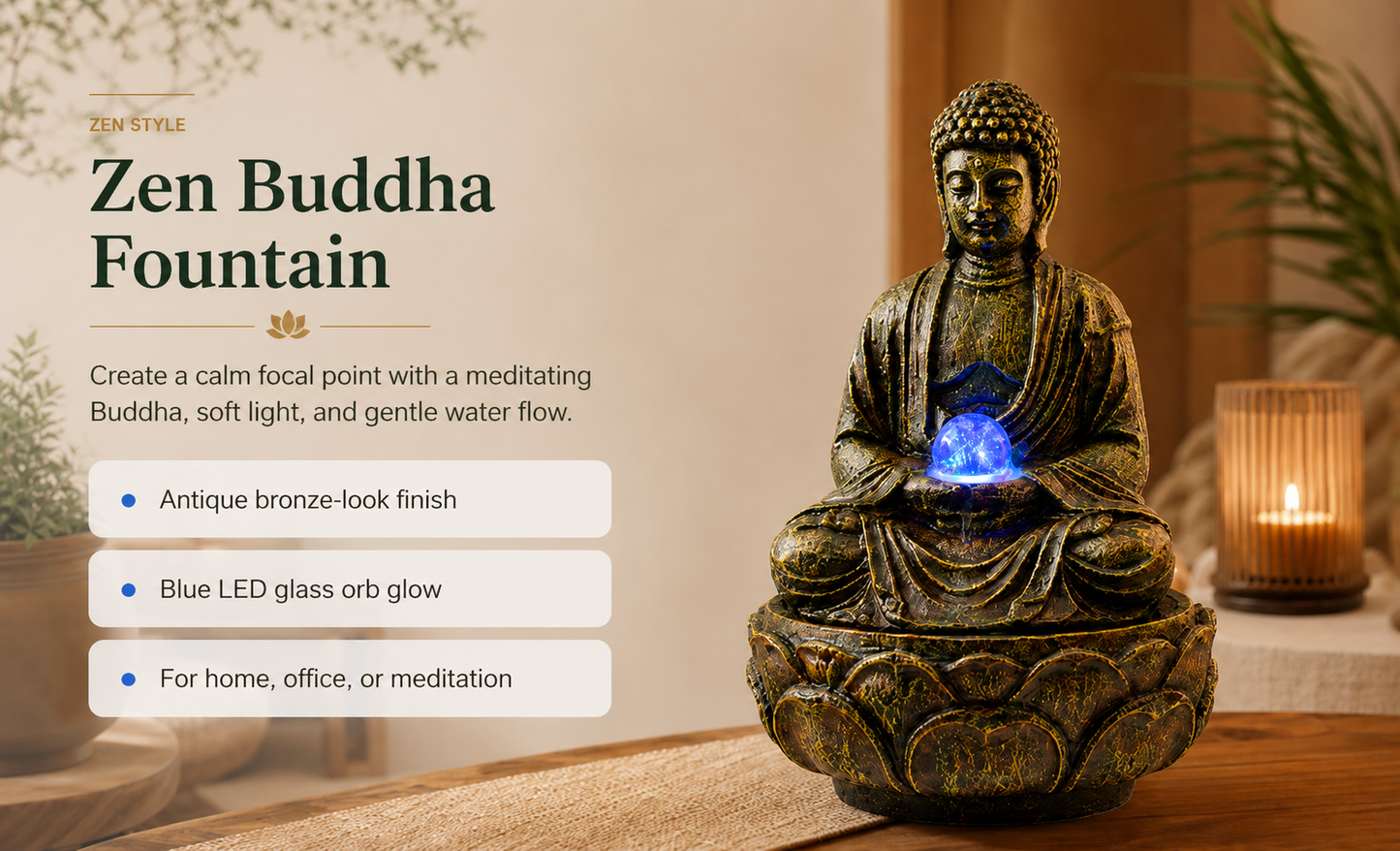 11 Inch Buddha Tabletop Water Fountain with LED Glass Orb, Indoor Resin Waterfall Fountain, Zen Desktop Fountain for Office Desk, Living Room, Bedroom, Meditation Room & Home Decor