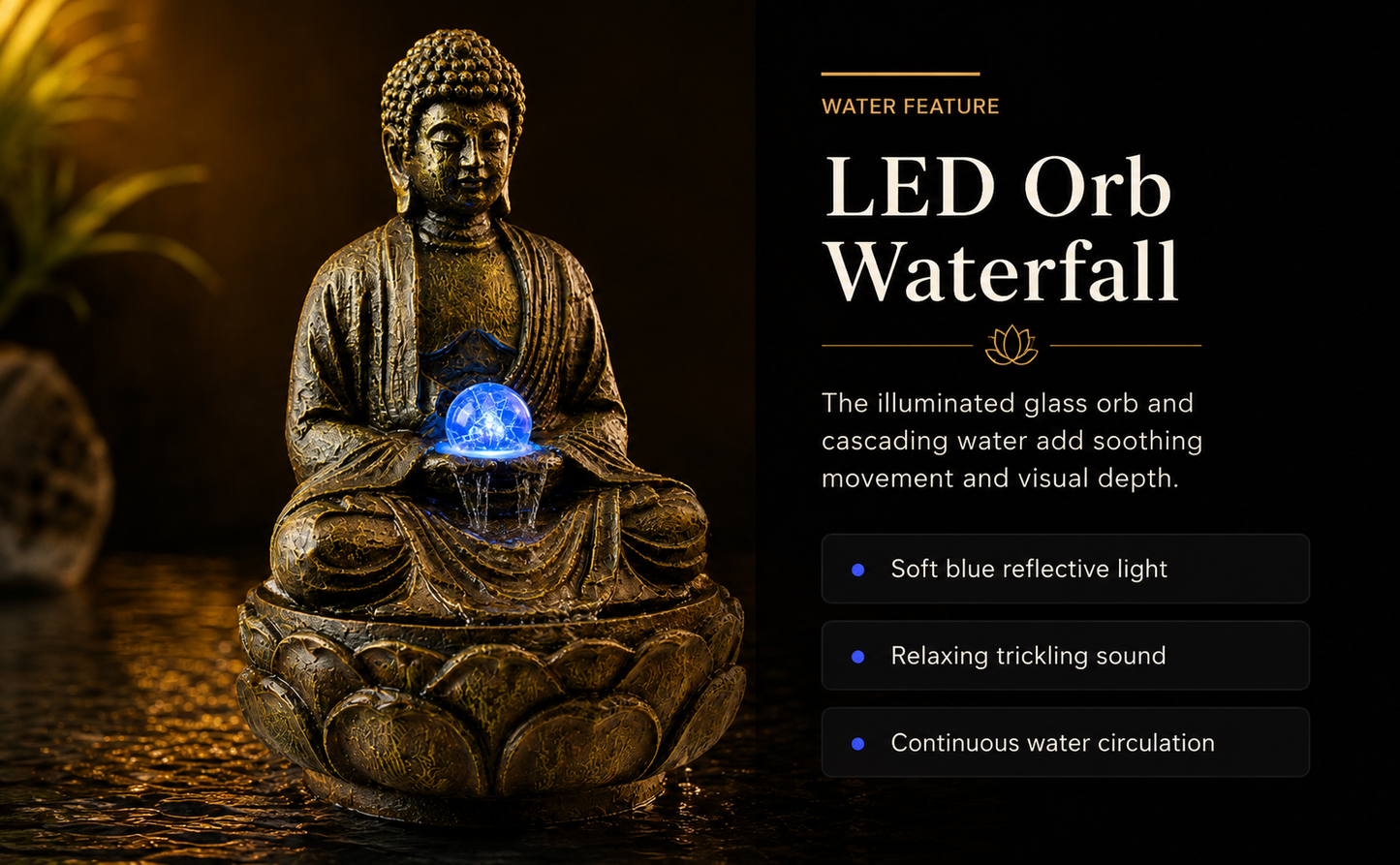 11 Inch Buddha Tabletop Water Fountain with LED Glass Orb, Indoor Resin Waterfall Fountain, Zen Desktop Fountain for Office Desk, Living Room, Bedroom, Meditation Room & Home Decor