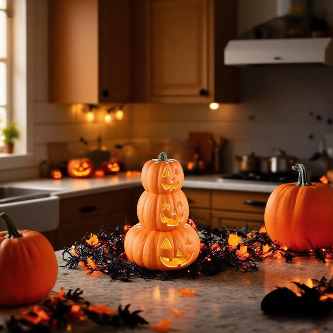 Stacked Jack-O’-Lantern Pumpkin Decoration – 3-Tier Light-Up Halloween Gourd HDPE Plastic – Indoor/Outdoor Fall Decor with Happy Ghost Faces – Cute Pumpkin Tower for Porch Tabletop