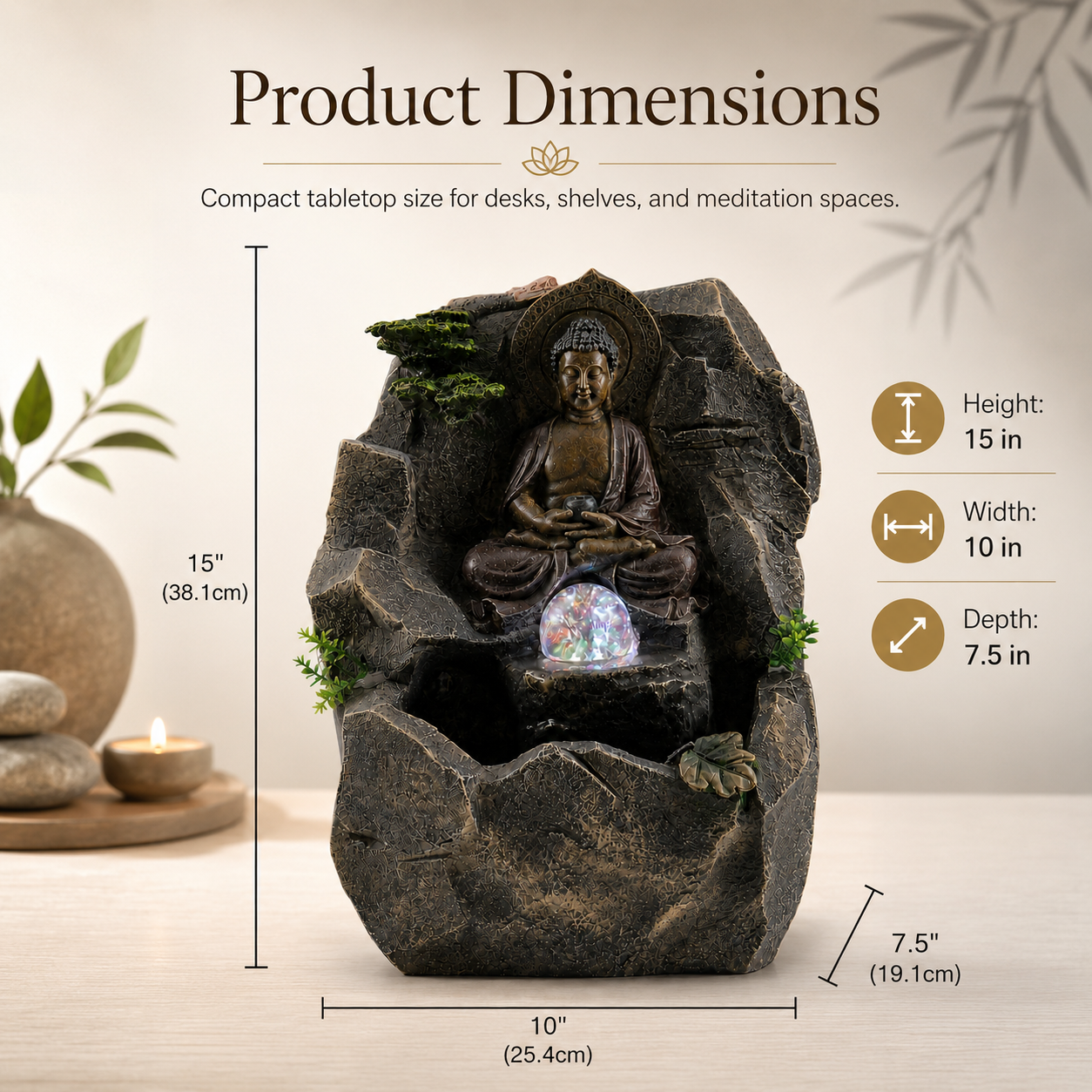 15 Inch Buddha Tabletop Water Fountain with LED Glass Orb, Indoor Resin Waterfall Fountain, Zen Desktop Fountain for Office Desk, Living Room, Bedroom, Meditation Room & Home Decor