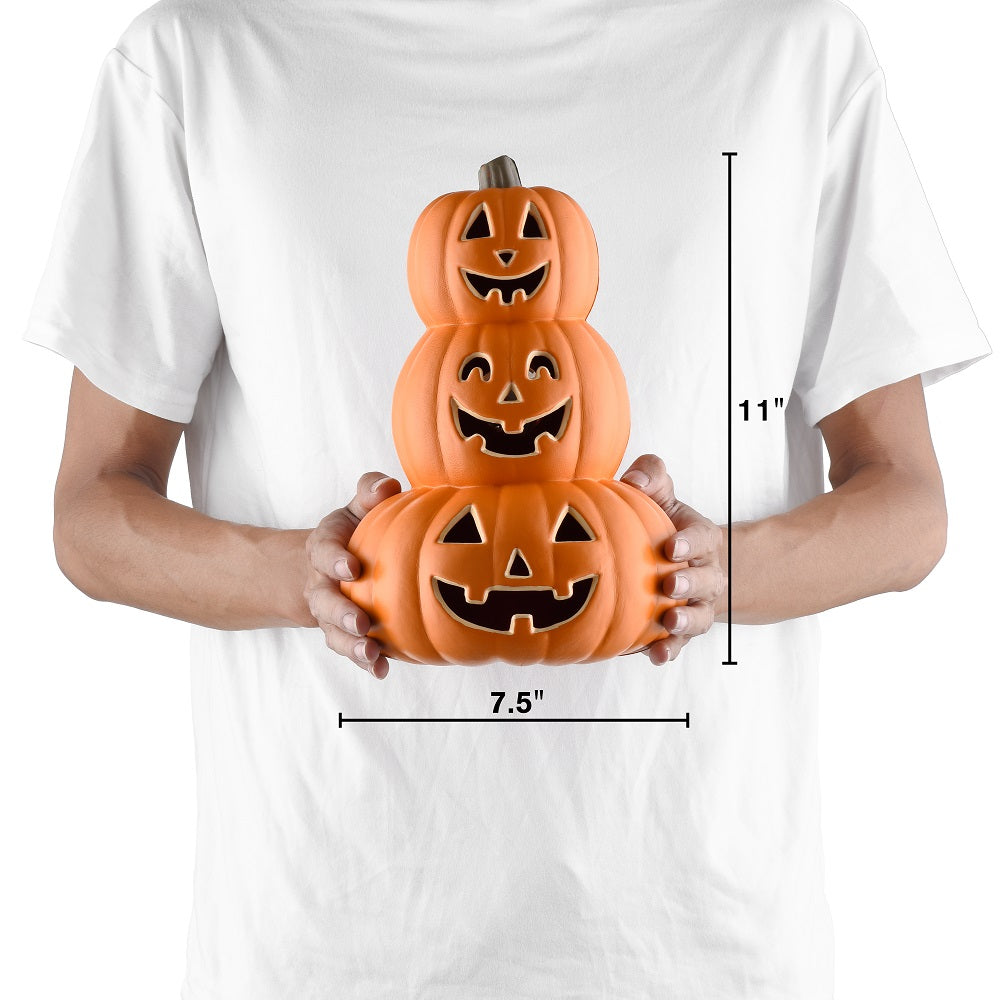 Stacked Jack-O’-Lantern Pumpkin Decoration – 3-Tier Light-Up Halloween Gourd HDPE Plastic – Indoor/Outdoor Fall Decor with Happy Ghost Faces – Cute Pumpkin Tower for Porch Tabletop