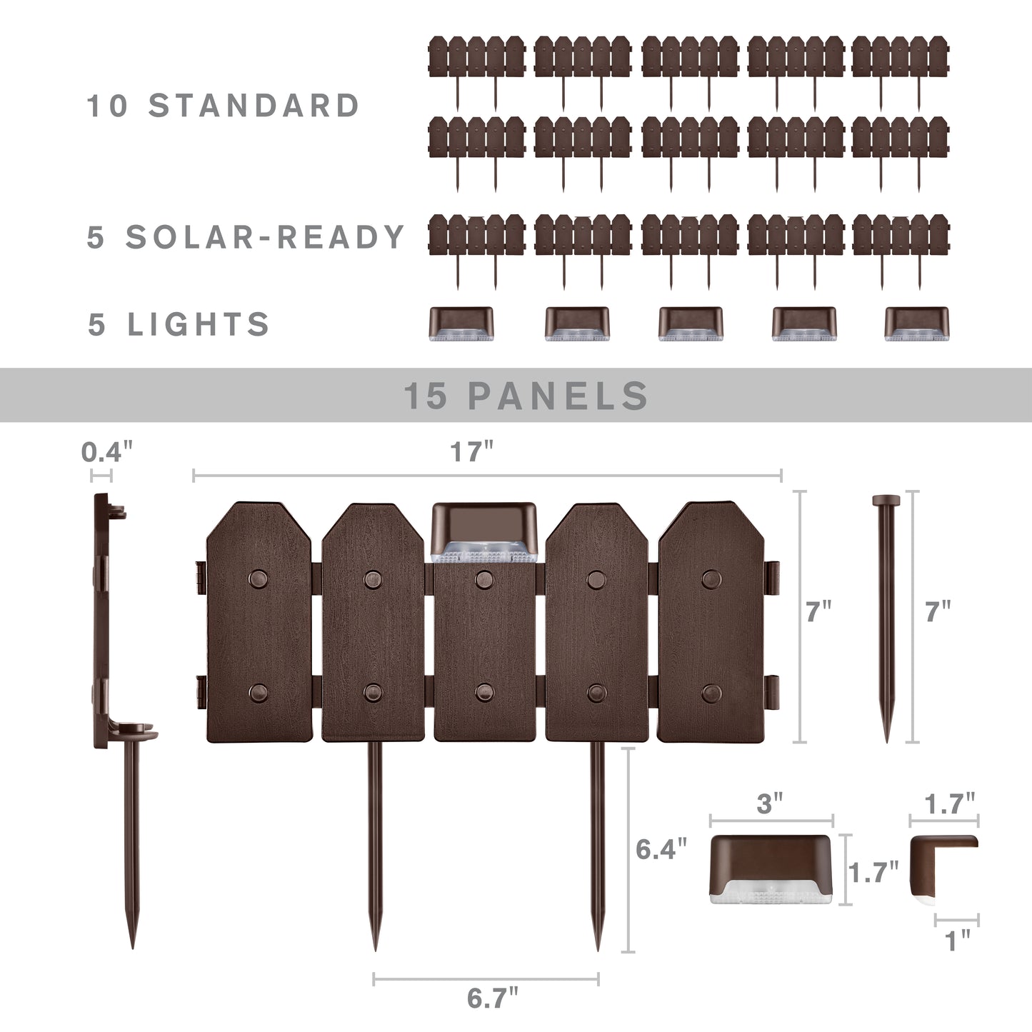 Garden Border Edging: Wooden Grain Fence Dog Ear Design with Solar Lights- Landscaping Fence Liner Lawn Edge Barrier - Decorative Lawn Landscape Panels Elements -Landscaping Edging