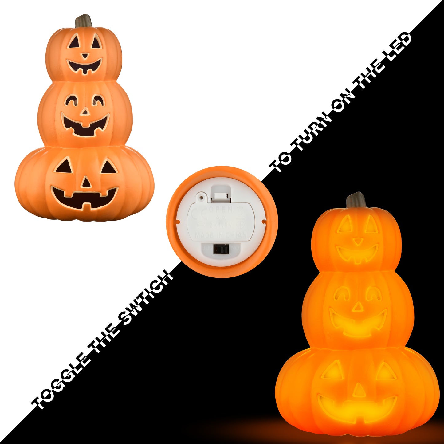 Stacked Jack-O’-Lantern Pumpkin Decoration – 3-Tier Light-Up Halloween Gourd HDPE Plastic – Indoor/Outdoor Fall Decor with Happy Ghost Faces – Cute Pumpkin Tower for Porch Tabletop