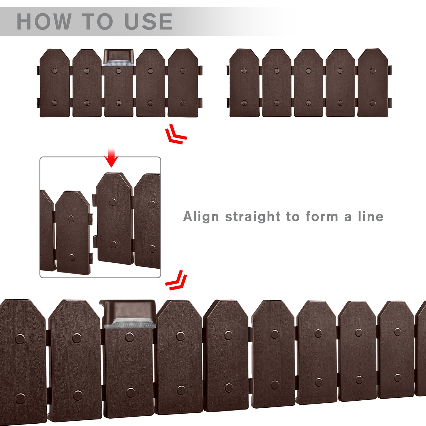 Garden Border Edging: Wooden Grain Fence Dog Ear Design with Solar Lights- Landscaping Fence Liner Lawn Edge Barrier - Decorative Lawn Landscape Panels Elements -Landscaping Edging