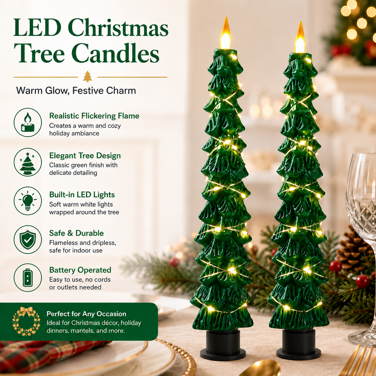 2 Pack EverGlow Christmas Tree LED Flameless Taper Candles, 9.5 Inch Battery Operated Flickering Candles with Remote Timer and Copper String Lights for Christmas Home Décor, Dining Table