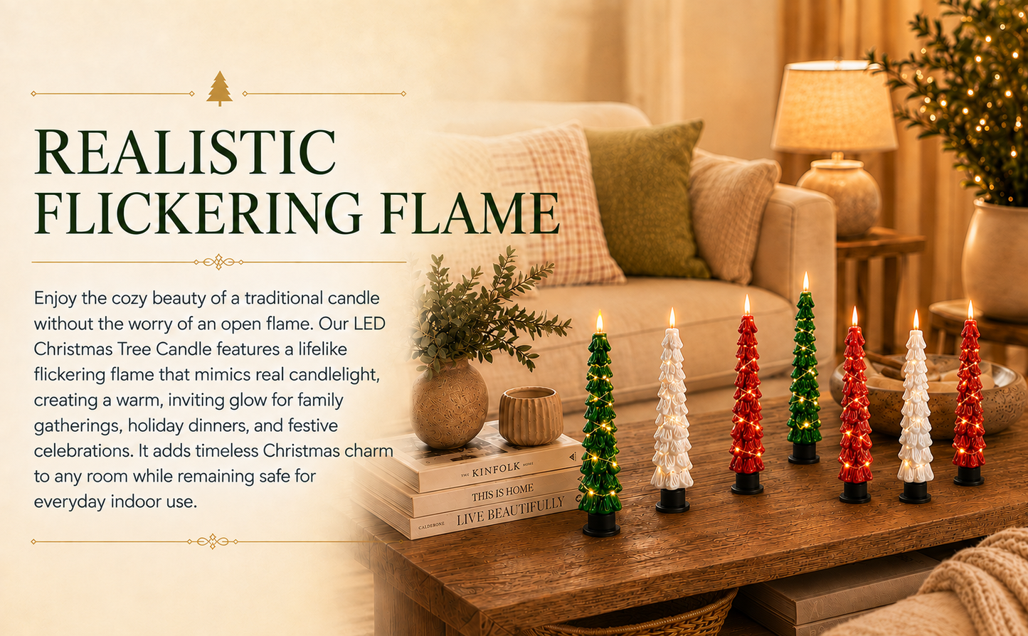 2 Pack EverGlow Christmas Tree LED Flameless Taper Candles, 9.5 Inch Battery Operated Flickering Candles with Remote Timer and Copper String Lights for Christmas Home Décor, Dining Table