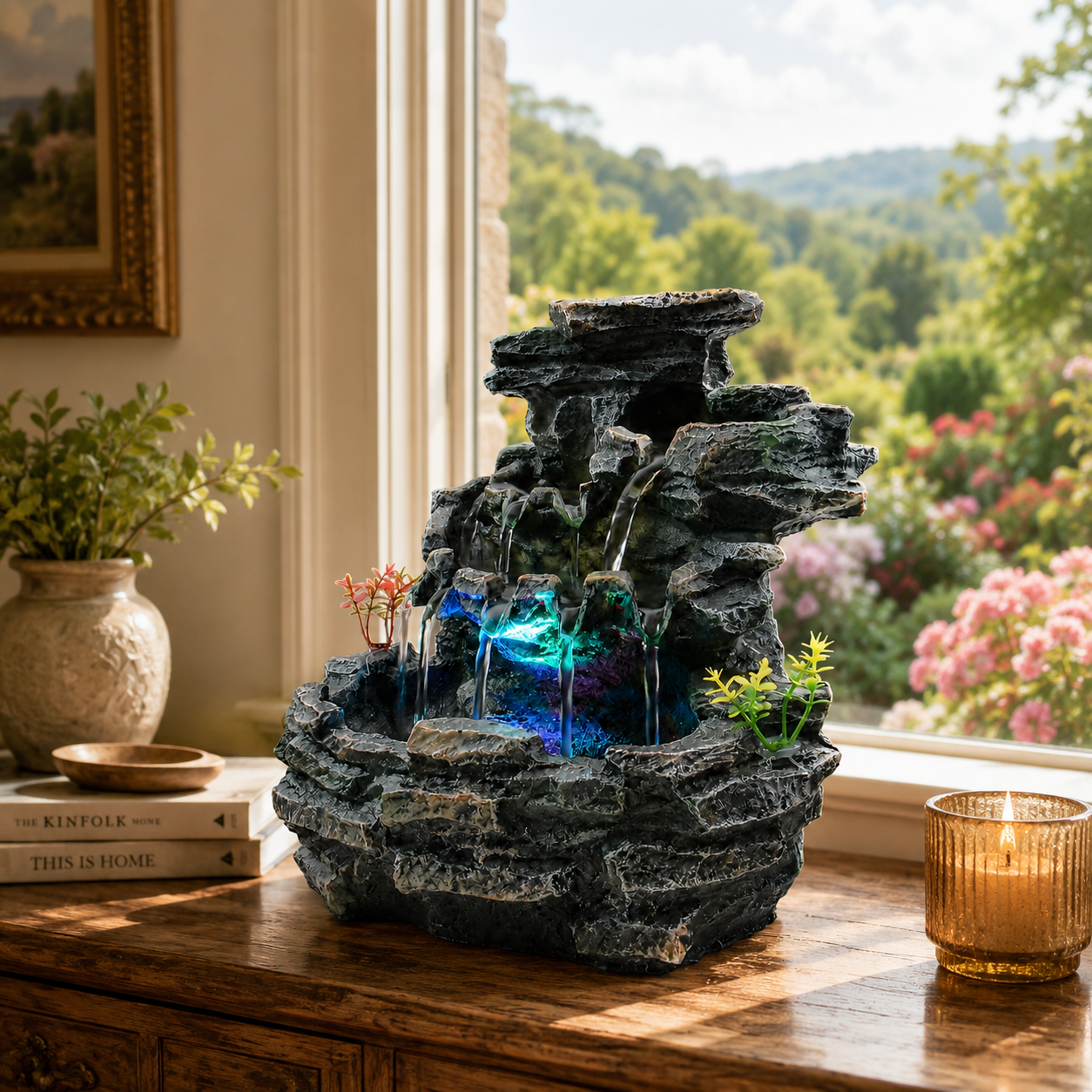 Indoor Tabletop Water Fountain with LED Light, Resin Rock-Look Waterfall Decor, Feng Shui Inspired Zen Fountain for Desk, Office, Bedroom, Living Room & Meditation Space (9" Cascading Rock)