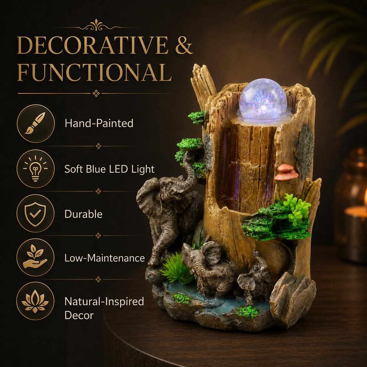Indoor Tabletop Water Fountain with LED Light & Rolling Crystal Ball, Elephant Desktop Waterfall Fountain, Polyresin Zen Fountain for Office Desk, Living Room, Bedroom, Meditation & Home Decor