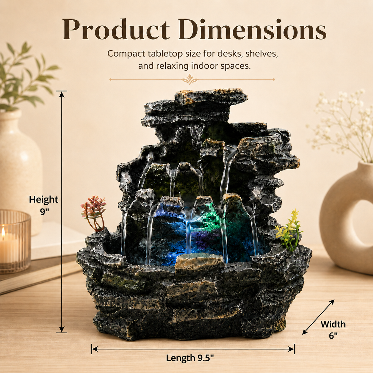 Indoor Tabletop Water Fountain with LED Light, Resin Rock-Look Waterfall Decor, Feng Shui Inspired Zen Fountain for Desk, Office, Bedroom, Living Room & Meditation Space (9" Cascading Rock)