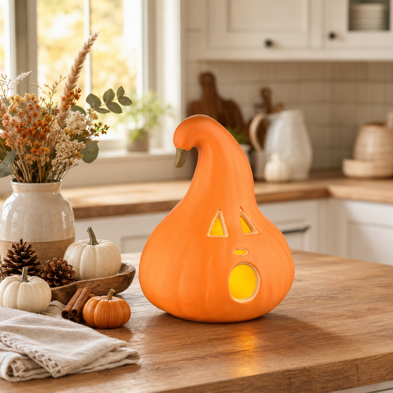 Halloween Decoration – Light-Up Jack-O’-Lantern Ghost Face with Curved Stem – Indoor Tabletop Fall Decor, Pumpkin – Cute Spooky Autumn Accent for Home or Office