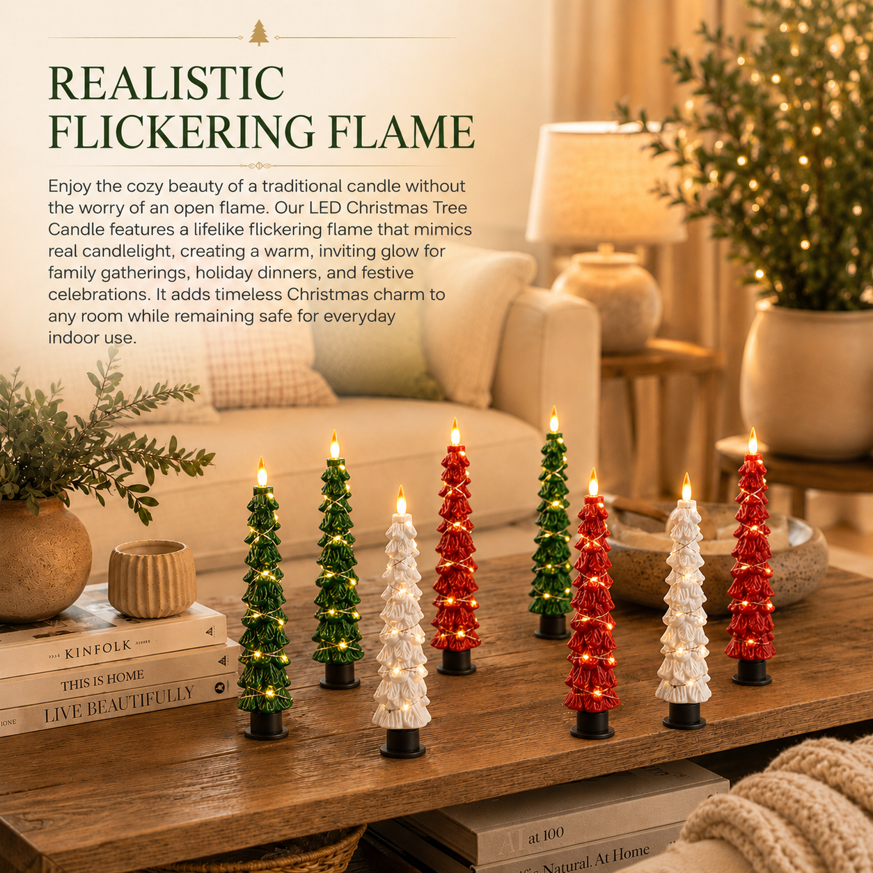 2 Pack EverGlow Christmas Tree LED Flameless Taper Candles, 9.5 Inch Battery Operated Flickering Candles with Remote Timer and Copper String Lights for Christmas Home Décor, Dining Table
