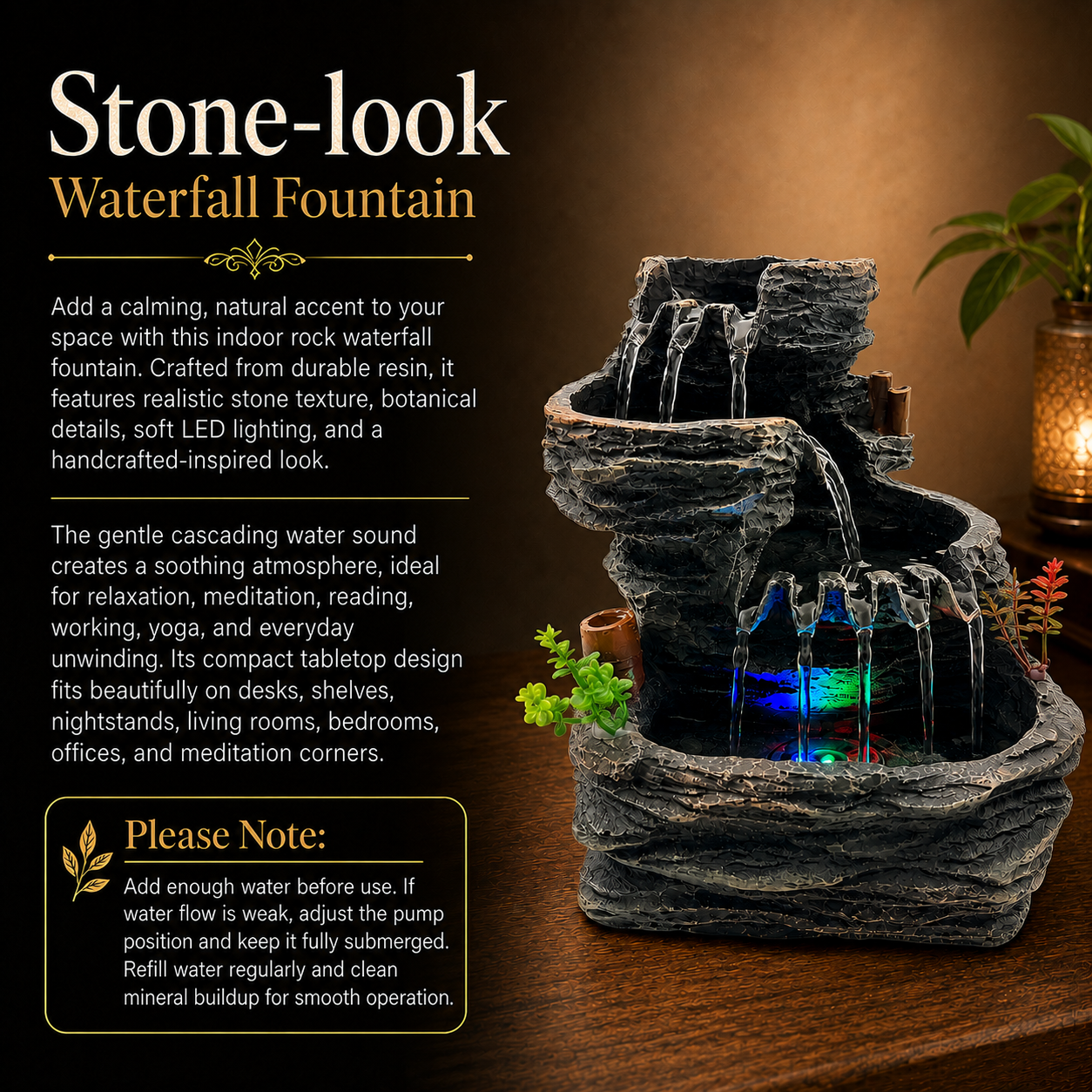 Indoor Tabletop Water Fountain with LED Light, Resin Rock-Look Waterfall Decor, Feng Shui Inspired Zen Fountain for Desk, Office, Bedroom, Living Room & Meditation Space (9.25" Cascading Rock)