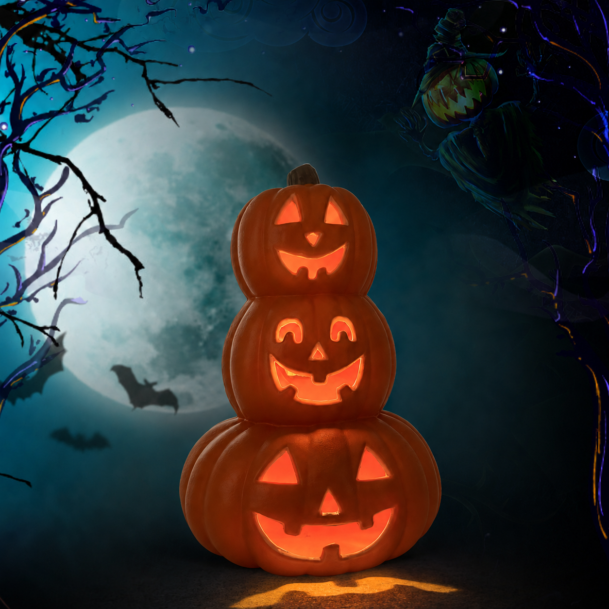 Stacked Jack-O’-Lantern Pumpkin Decoration – 3-Tier Light-Up Halloween Gourd HDPE Plastic – Indoor/Outdoor Fall Decor with Happy Ghost Faces – Cute Pumpkin Tower for Porch Tabletop