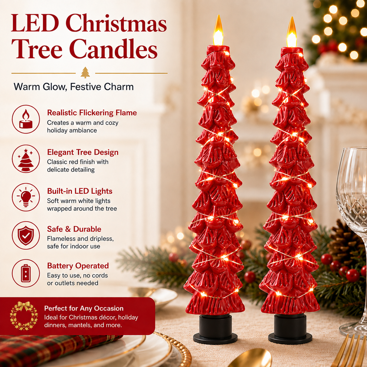 2 Pack EverGlow Christmas Tree LED Flameless Taper Candles, 9.5 Inch Battery Operated Flickering Candles with Remote Timer and Copper String Lights for Christmas Home Décor, Dining Table