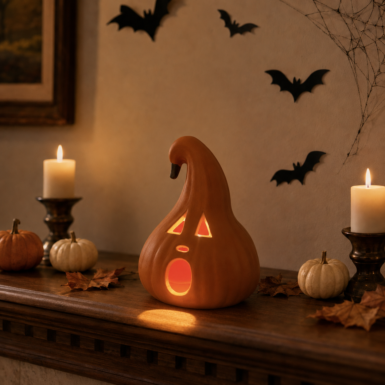Halloween Decoration – Light-Up Jack-O’-Lantern Ghost Face with Curved Stem – Indoor Tabletop Fall Decor, Pumpkin – Cute Spooky Autumn Accent for Home or Office