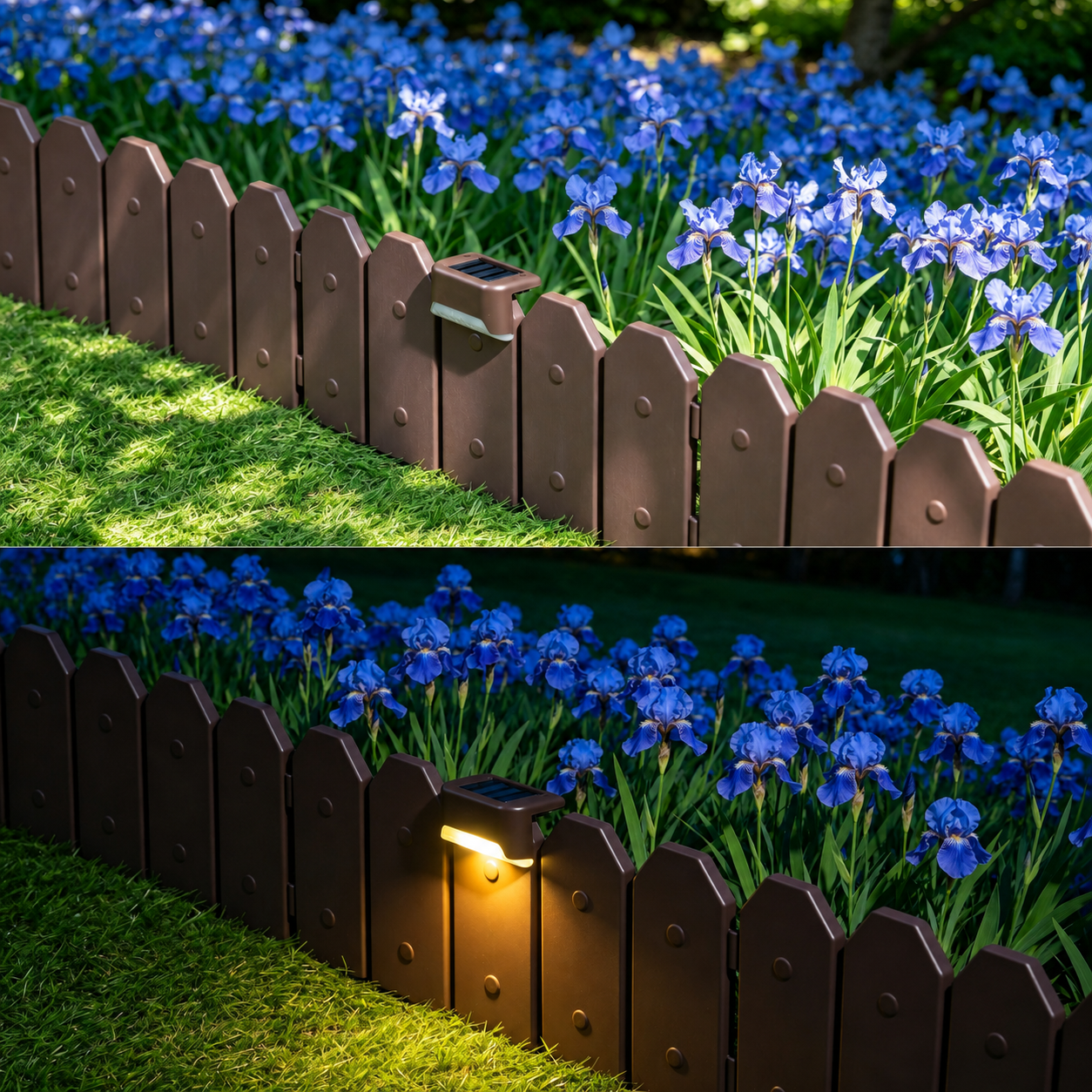 Garden Border Edging: Wooden Grain Fence Dog Ear Design with Solar Lights- Landscaping Fence Liner Lawn Edge Barrier - Decorative Lawn Landscape Panels Elements -Landscaping Edging