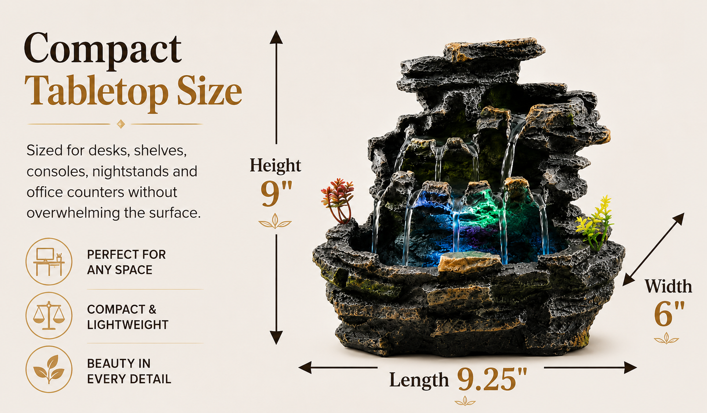 Indoor Tabletop Water Fountain with LED Light, Resin Rock-Look Waterfall Decor, Feng Shui Inspired Zen Fountain for Desk, Office, Bedroom, Living Room & Meditation Space (9" Cascading Rock)