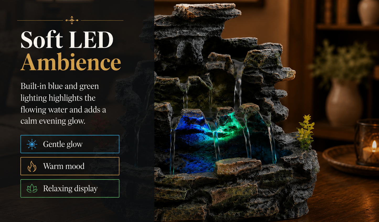 Indoor Tabletop Water Fountain with LED Light, Resin Rock-Look Waterfall Decor, Feng Shui Inspired Zen Fountain for Desk, Office, Bedroom, Living Room & Meditation Space (9" Cascading Rock)