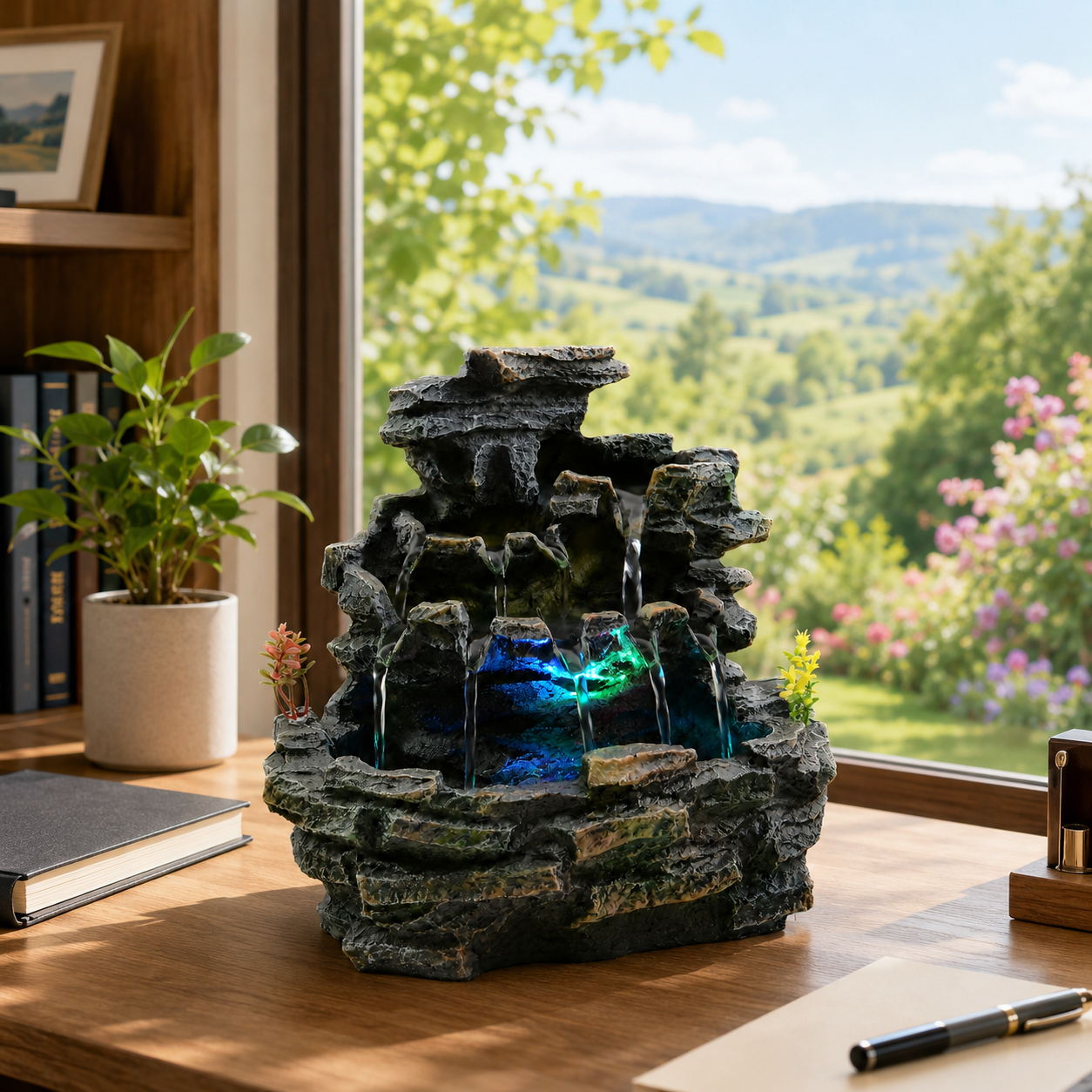 Indoor Tabletop Water Fountain with LED Light, Resin Rock-Look Waterfall Decor, Feng Shui Inspired Zen Fountain for Desk, Office, Bedroom, Living Room & Meditation Space (9" Cascading Rock)